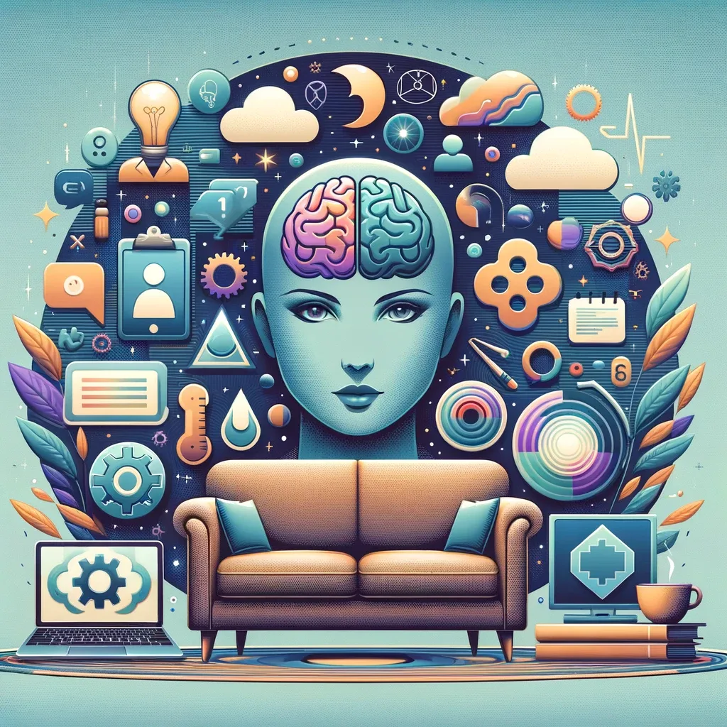 Illustrazione sulla psicoterapia: un volto stilizzato con il cervello, un divano e i simboli della mente