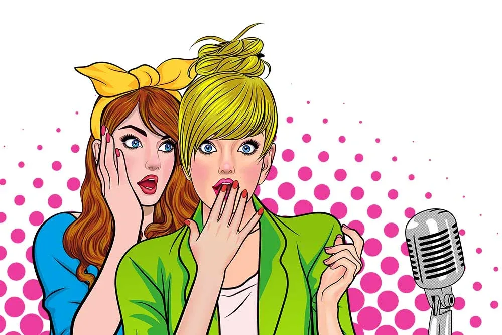 Illustrazione a fumetti di due donne sorprese accanto a un microfono, per il podcast Due sessuologhe sotto le lenzuola