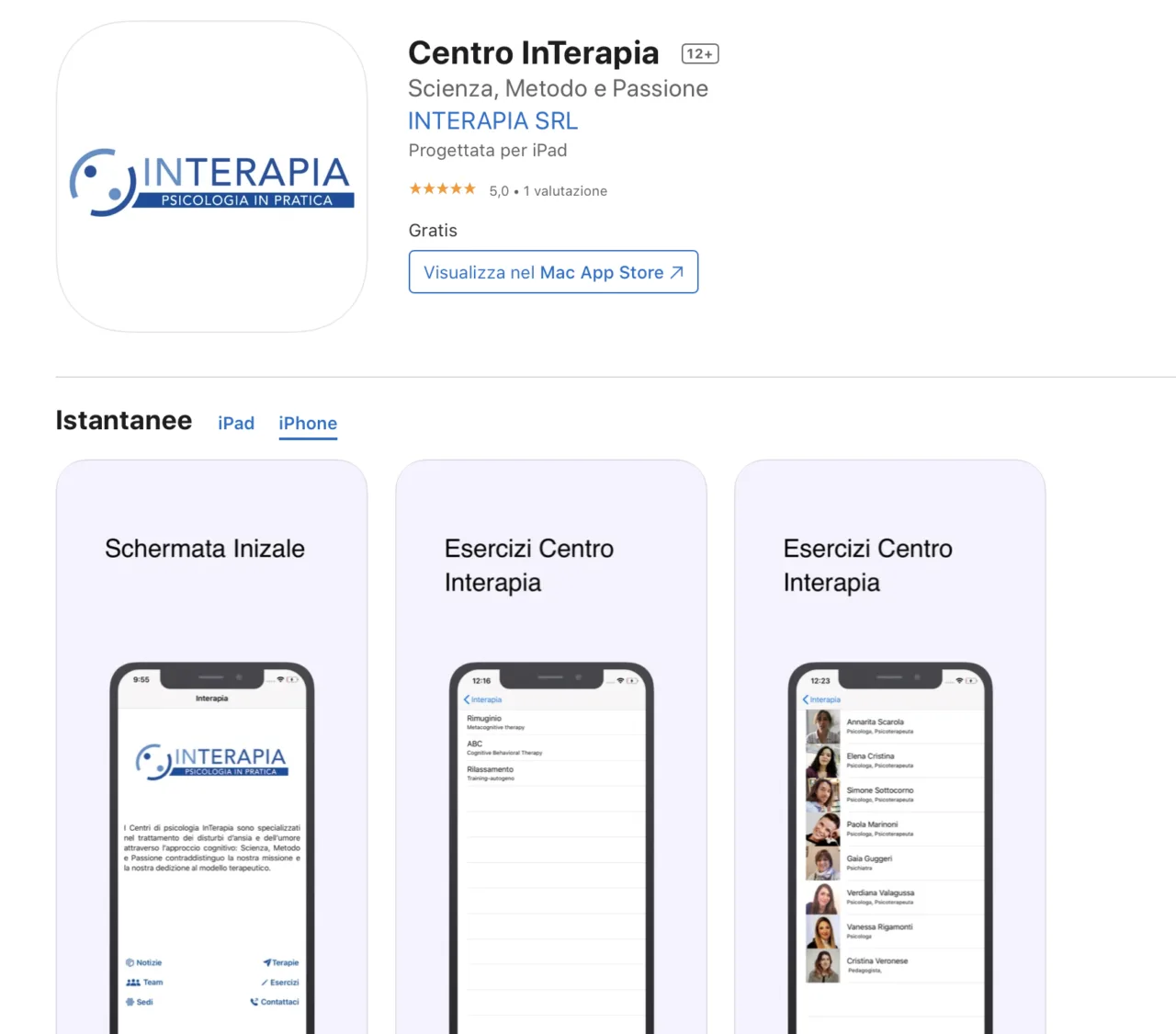 Scheda dell'app Centro InTerapia sull'App Store, con le schermate per iPhone