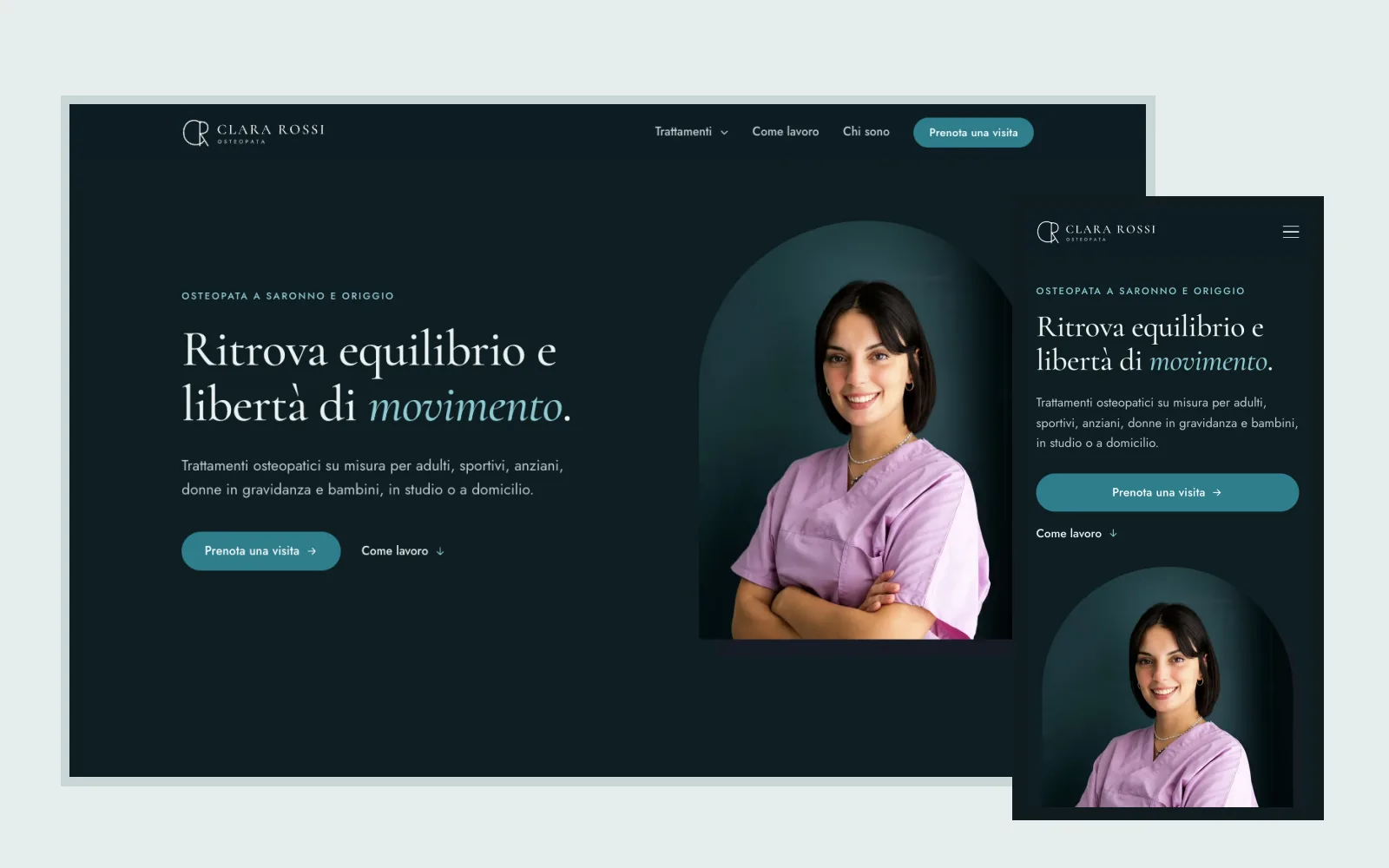 Il sito di Clara Rossi, osteopata a Saronno e Origgio, visto da computer e da smartphone